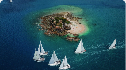 Aerial view of sailboats racing past a small island in the Whitsundays