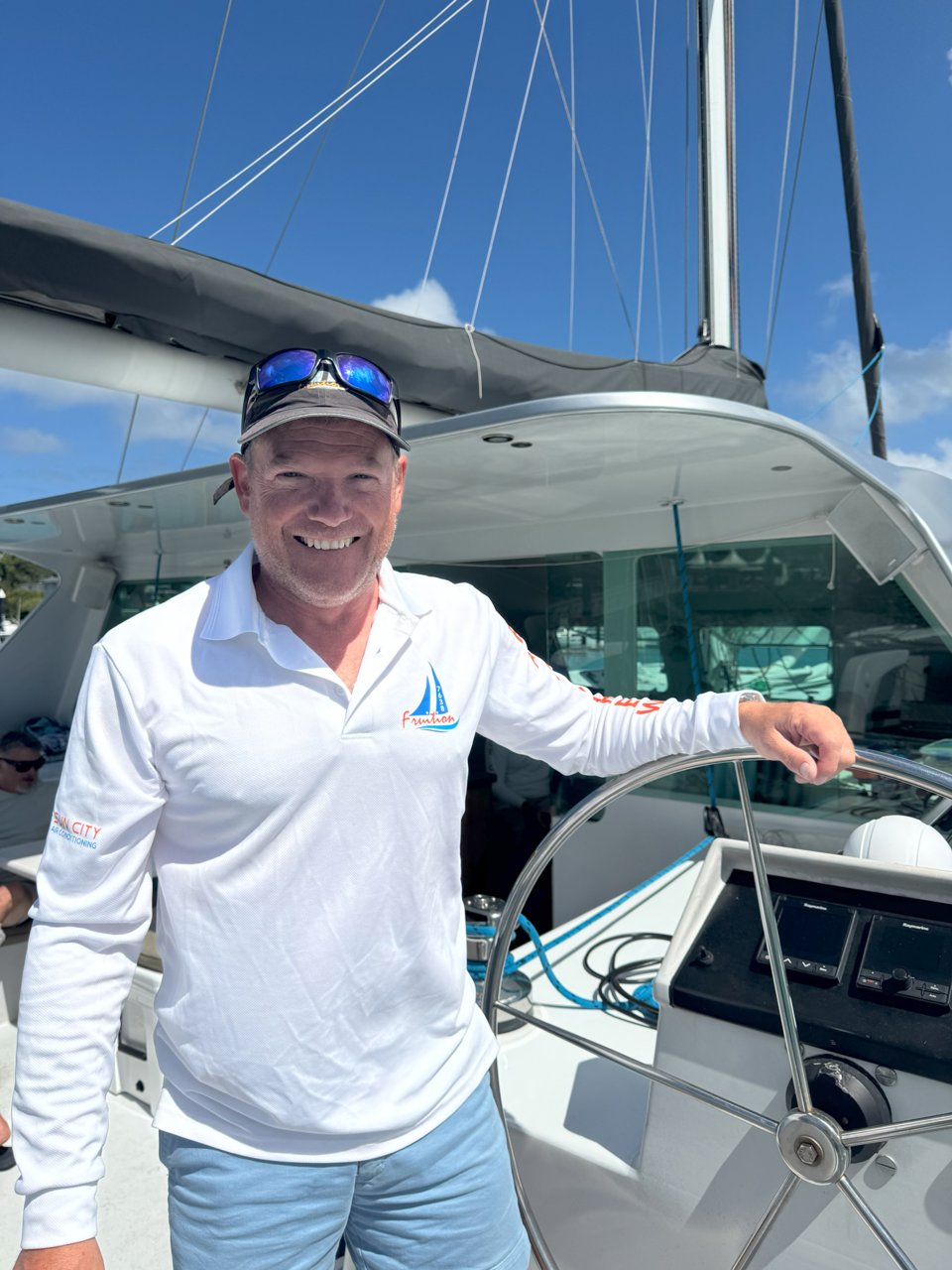 Andrew Bruce aboard his catamaran Fruition